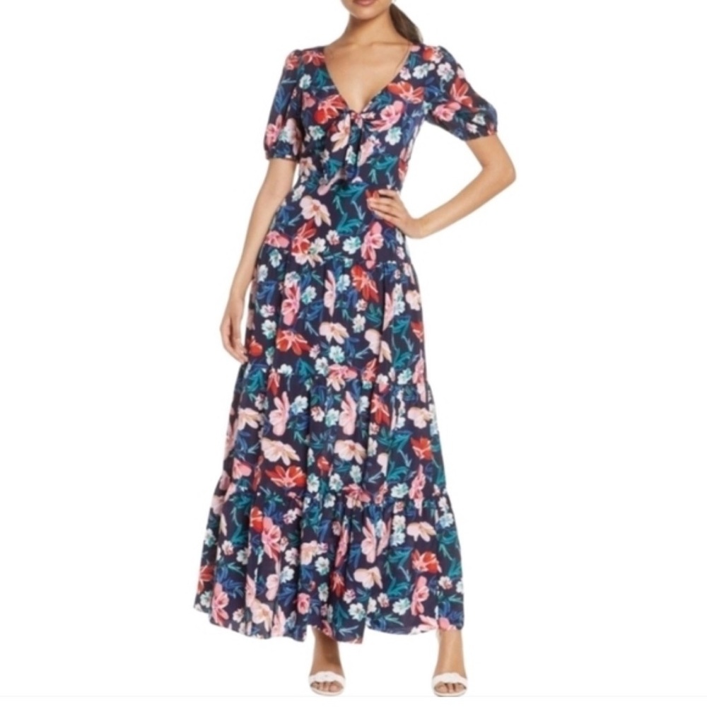 Eliza J Floral Print V Neck Tie Front Maxi Dress